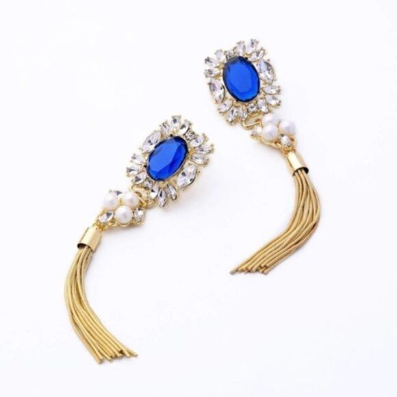 Blue Rhinestone Crystal Pearl Tassel Fringe Gold Clip On Statement Earrings - Picture 7 of 13